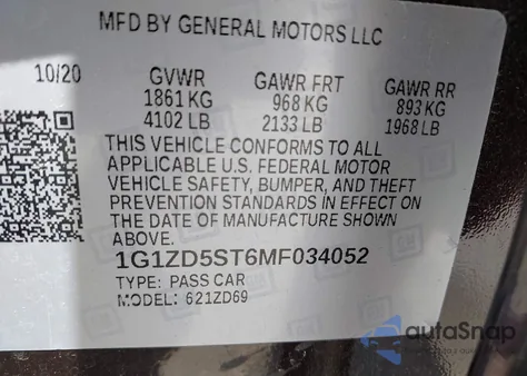 2021 Chevrolet Malibu Fwd Lt из США, поврежденный, VIN 1G1ZD5ST6MF034052